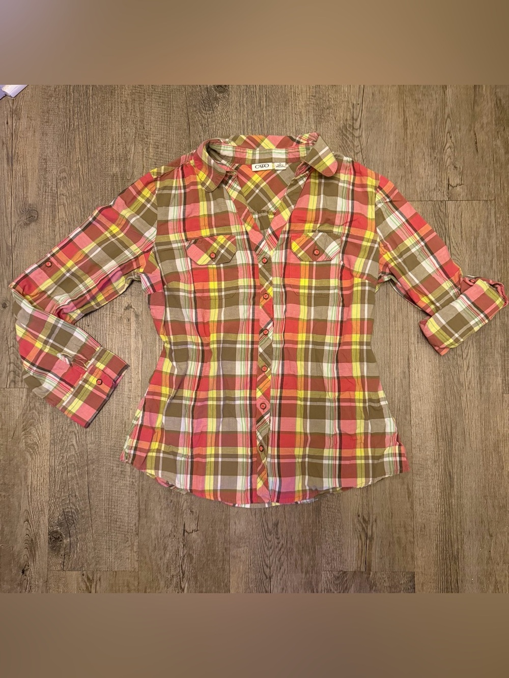 CATO green & pink plaid button up shirt with Y2K plaid pattern